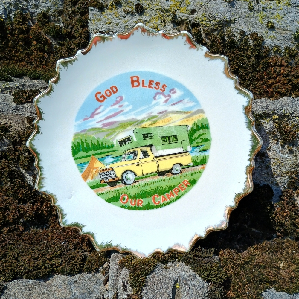 Vintage kitschy decorative plate, vintage camping decor, eclectic grandpa